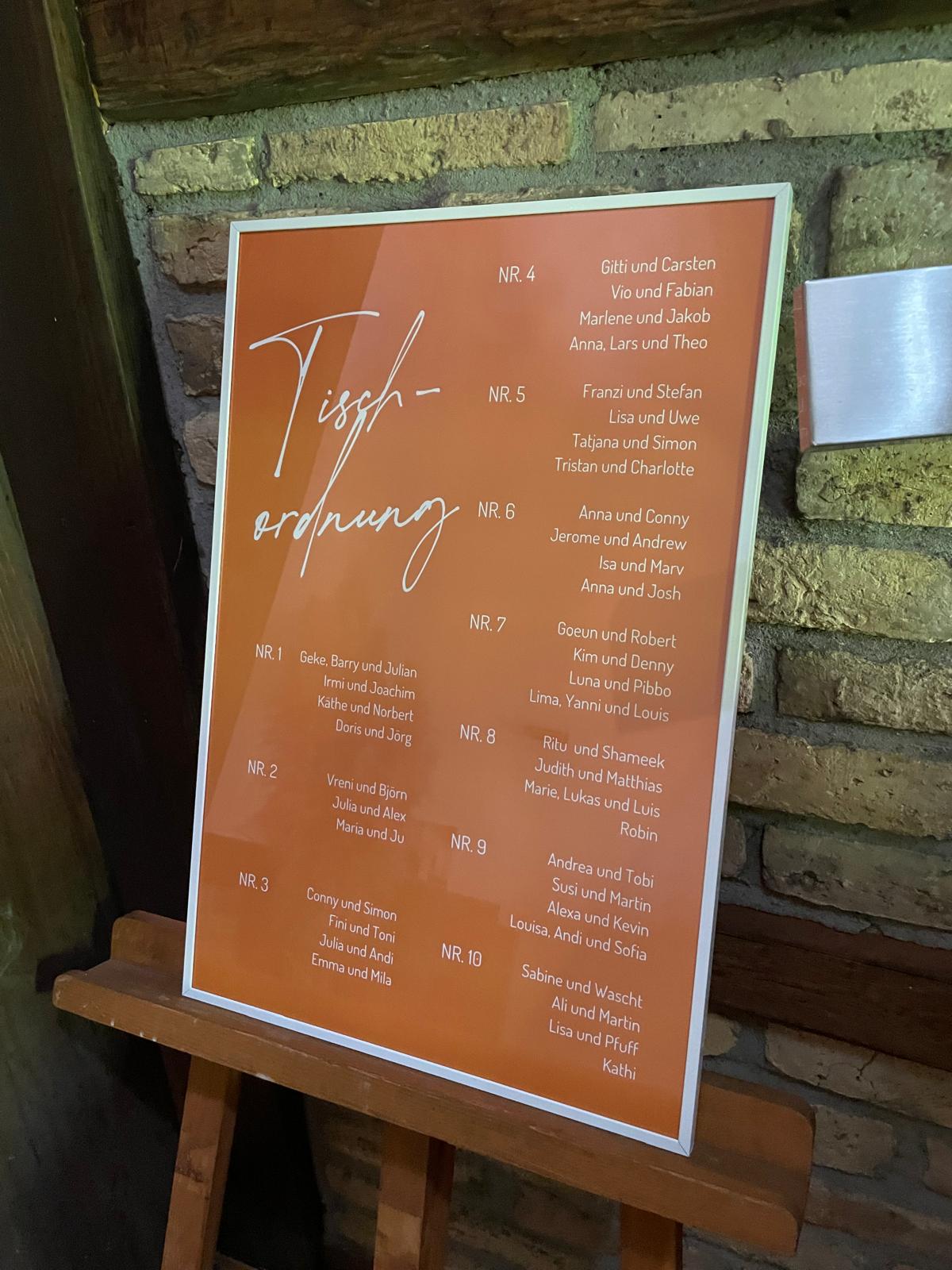 Orangefarbene Sitzordnung für die Hochzeit von Björn und Verena passend zum individuellen Farbkonzept